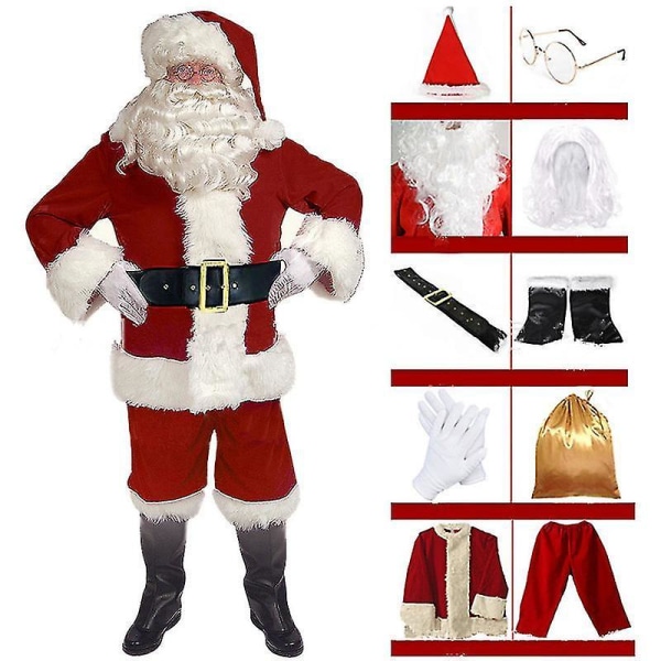 Santa Claus Suit Christmas Santa Claus Costume Men's And Women's Adult Costume Santa Claus 10-piece Set S