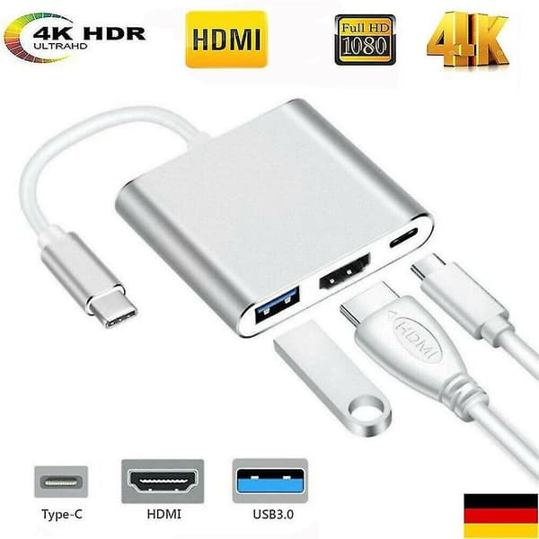 3-i-1 Type C til 4k HDMI / USB 3.0 / USB Type-c Multiport Adapter Digital Konverter Silver