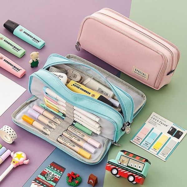 Angoo Dobbeltsidig Pennveske Spesial Macaron Farge Dobbelt Canvas Lomme Oppbevaringsveske Etui Skole Reise A6899 Black