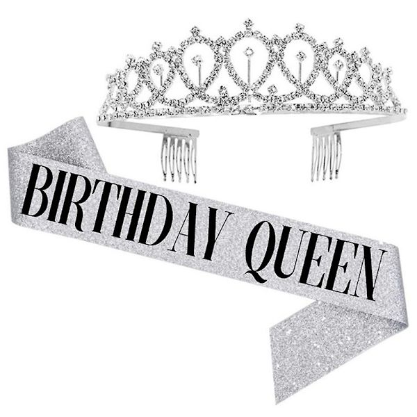 Kvinder Damer Fødselsdagsdronning Tiara Og Skærf Krystal Krone Hårbøjle Skulderrem Sæt Silver QUEEN