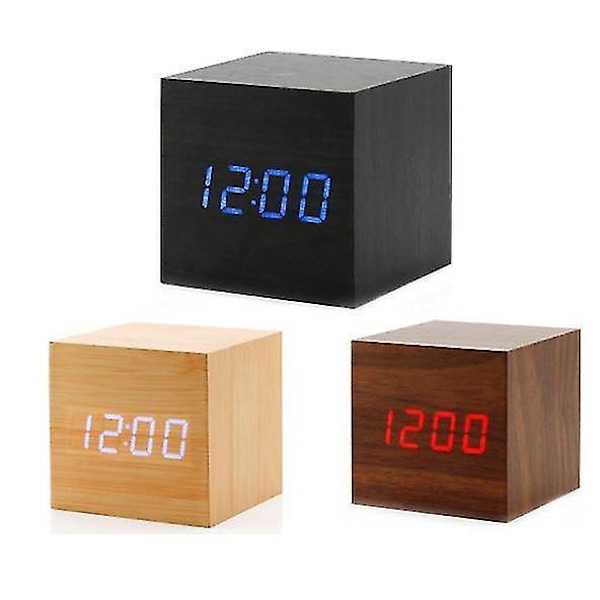 Gingko Cube Led Click Clock Alarm Clock With Sound Activation (time, Date & Temperature) Various Colours A10 Bamboo white