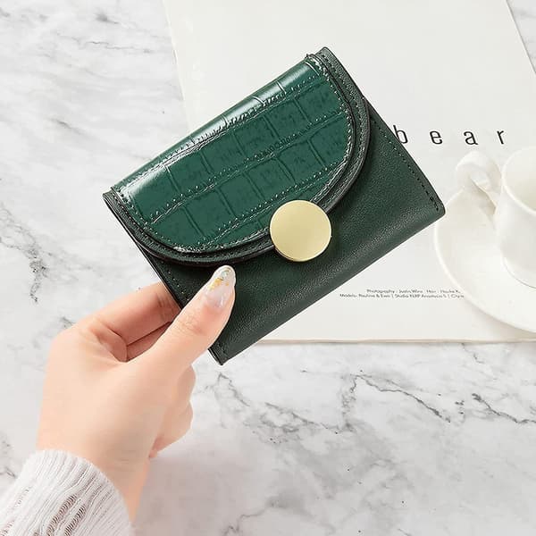 Womens Small Bifold Leather Wallet Mini Id Card Pocket Picture Window Slim Compact Thin----dark Green