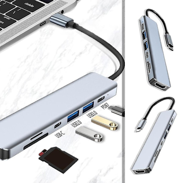 7-i-1 Type-c Netværks Hub Multi-splitter Adapter Med Hdmi + Usb3.0 Usb2.0 Usb-c Sd Tf Pd Til Pc Com