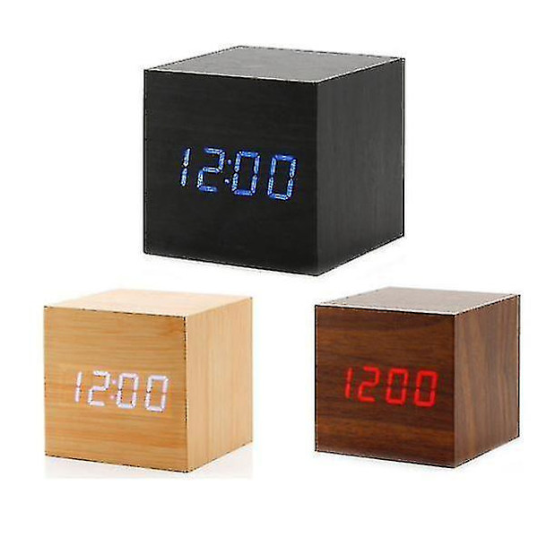 Gingko Cube Led Click Clock Alarm Clock With Sound Activation (time, Date & Temperature) Various Colours A10 Bamboo white