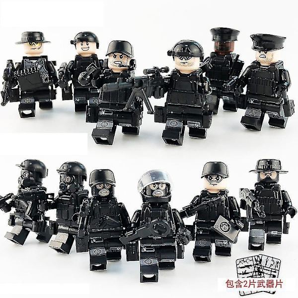 12pcs Black Swat Police Minifigure Building Block Accessories Military Toy