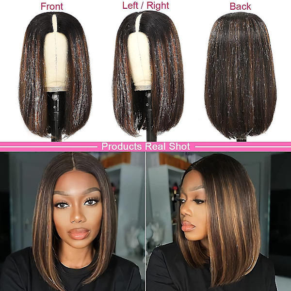 Ombre V Part Wig Human Hair No Leave Out Blonde Highlight V Part Bob Wig Upgrade Thin U Part Wig No Glue Brazilian Straight Short Bob Wig Colored Brow