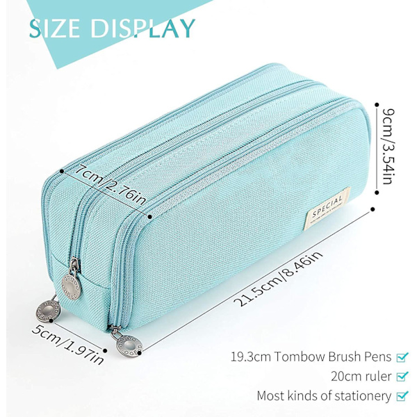 Large Pencil Case Big Capacity 3 Compartments Canvas Pencil Pouch For Students blue