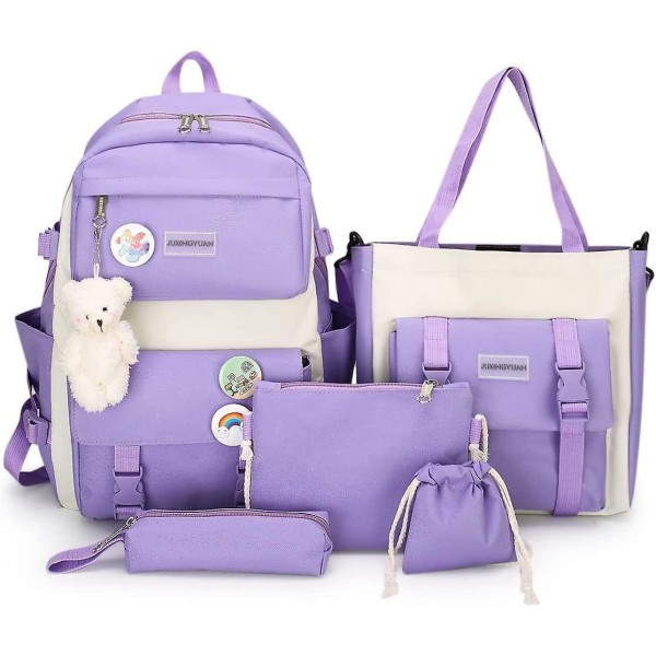 5pcs Aesthetic Backpack Set For Teens Girls School Backpack Kawaii Cute Bear College Travel Casual Bag Birthday Gift Purple