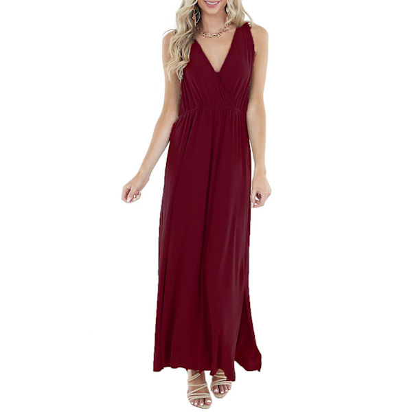 Ladies Sleeveless Deep V-neck Loose Solid Color Long Casual Backless Dress Wine Red S