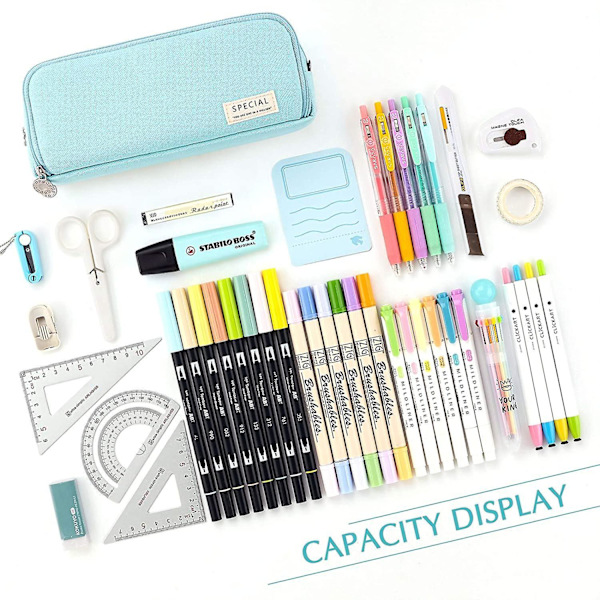 Large Pencil Case Big Capacity 3 Compartments Canvas Pencil Pouch For Students blue