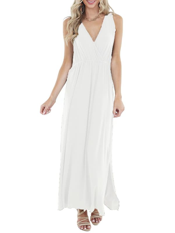 Ladies Sleeveless Deep V-neck Loose Solid Color Long Casual Backless Dress White S