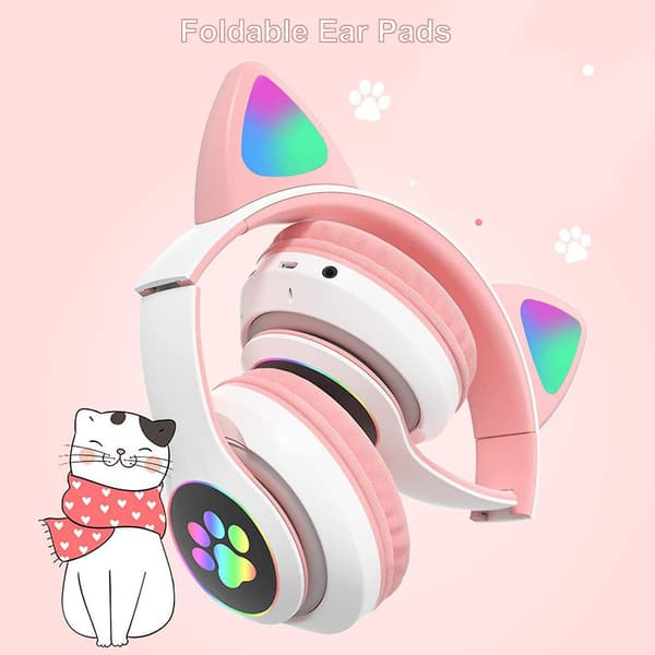 Bluetooth 5.0 Children Cat Ear Led Glowing Wireless Headset Noise Reduction Headset Pink