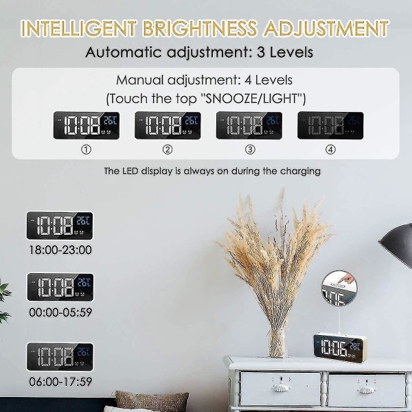Led Digital Alarm Clock, Digital Alarm Clock Mirror Desk Clock Usb Rechargeable Travel Alarm Clock With 2 Alarms/snooze/temperature
