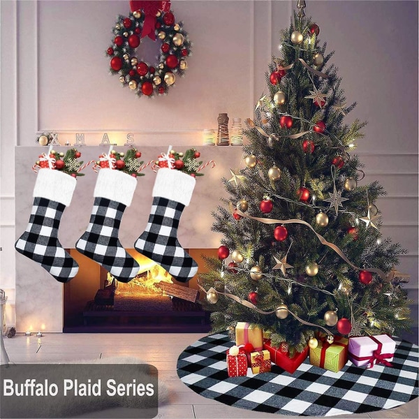4-pak 42 cm Buffalo Plaid julestrømper med plys faux fur manchet, klassiske store julestrømper dekorationer til familie juleferie Par