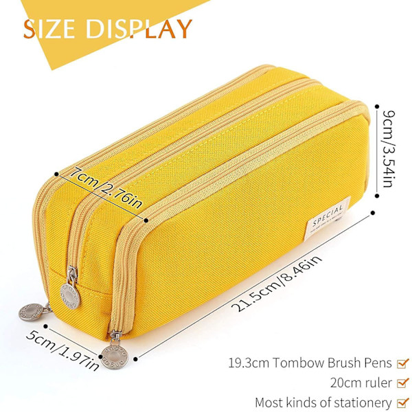 Large Pencil Case Big Capacity 3 Compartments Canvas Pencil Pouch For Students yellow