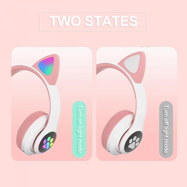 Wireless Bluetooth Headphones Cat Ear Headset With Led Light Pink