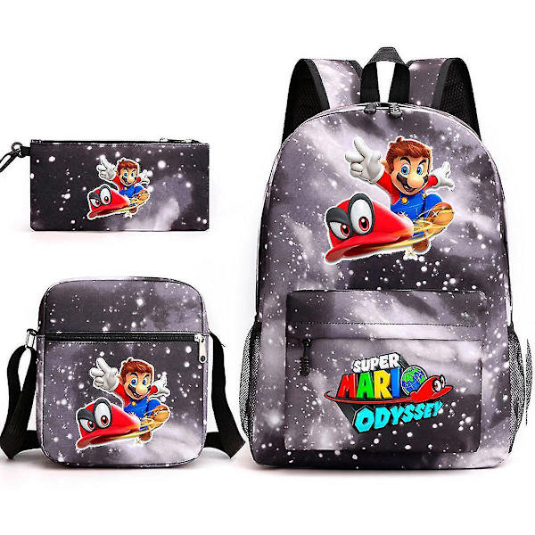 3pcs/set Super Mario Odyssey Anime Satchel Nylon Grey Backpack School Messenger Bag Pencil Bag