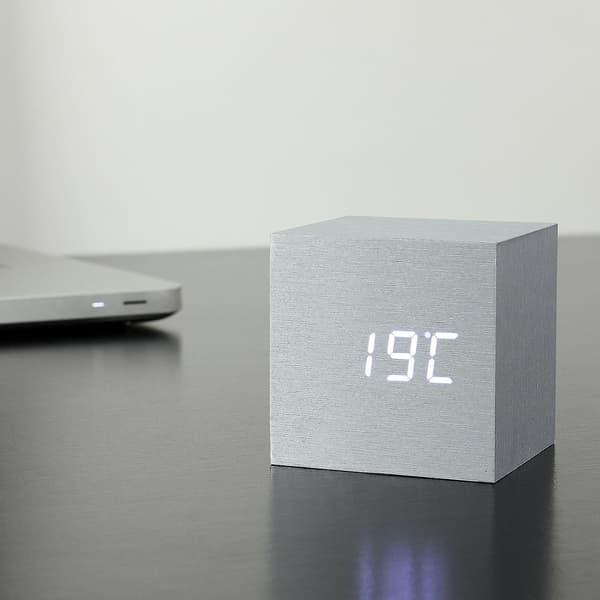 Gingko Cube LED Click Clock Alarm Clock With Sound Activation (Time, Date & Temperature) Various Colours Aluminium White