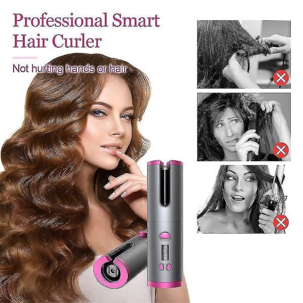 Wireless Automatic Hair Curler Rechargeable Rotating Curling Iron Led Display Temperature Adjustable
