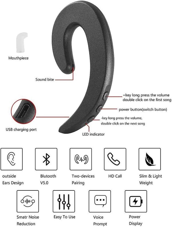 3c Light Ear Hook Wireless Bluetooth Headphone,painless Wearing Single Ear Bluetooth Earpieces With Mic,lightweight Non Bone Conduction Headsets Black