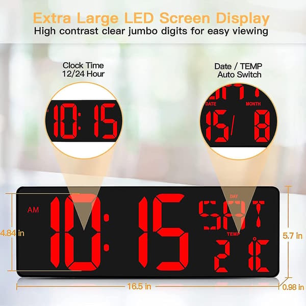 Digital Wall Clock With Remote Control, 16.5" Led Digital Alarm Clock, Countdown Timer With Large Display