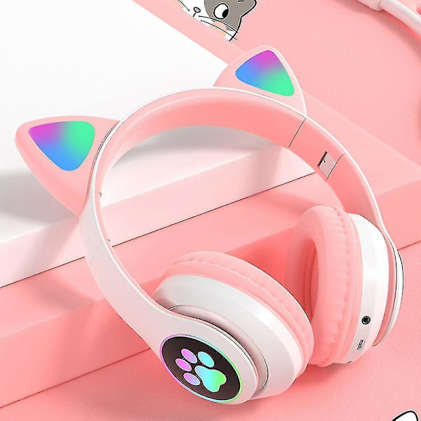Wireless Bluetooth Headphones Cat Ear Headset With Led Light Pink
