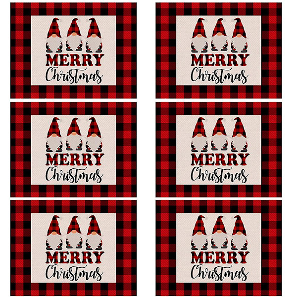 6 stk. Merry Christmas Dækkeservietter Jul Vinter Bordmåtter Rustikke Buffalo Plaid Dækkeservietter Sæt Skridsikre Varmebestandige Bordmåtter Vaskbar Juleplads