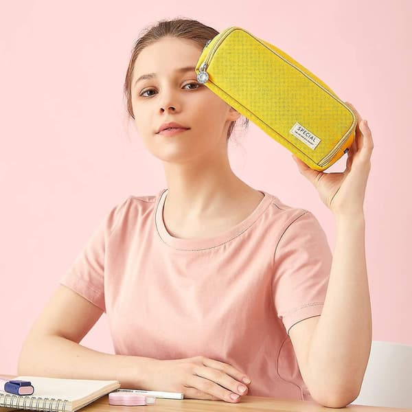 Large Pencil Case Big Capacity 3 Compartments Canvas Pencil Pouch For Students yellow