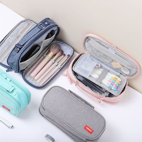 Pencil Case Big Capacity Grip Handle Canvas Easy Carry Pencil Pen Storage Bag For School Green