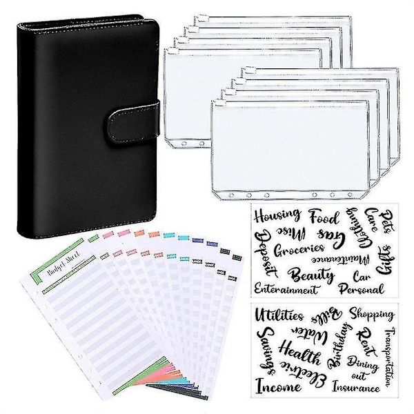 A6 Binder Budget Planner Notebook Covers Folder Size 6 Hole Pockets Plastic Zipper Money Saving Envelope Black