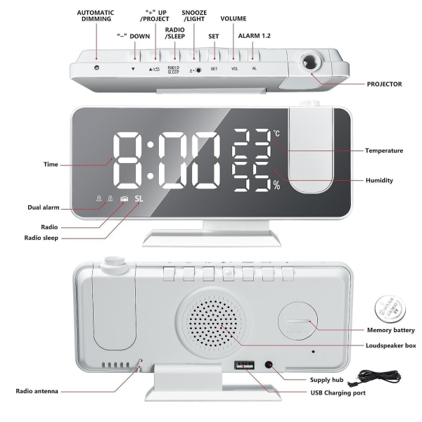 Led Digital Alarm Clock Watch Table Electronic Desktop Clocks Usb Wake Up Fm Radio Time Projector Snooze Function 2 Alarm