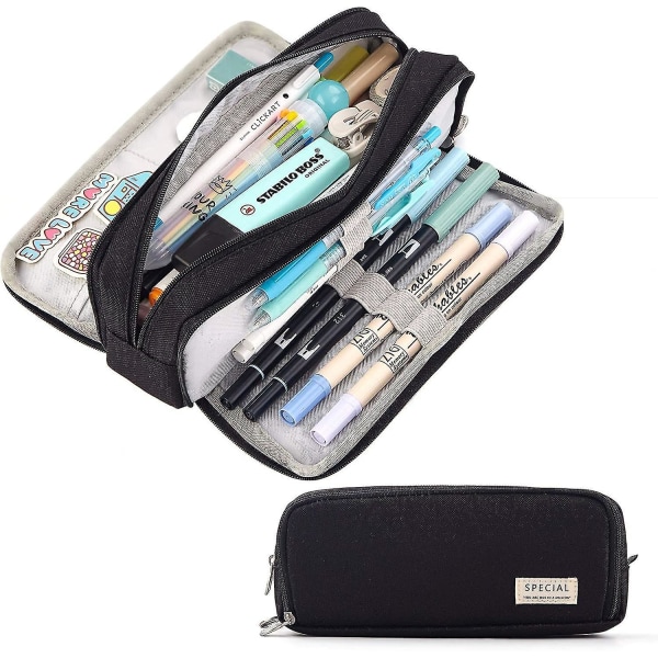 Large Capacity Pencil Case 3 Compartment Pouch Pen Bag For School Teen(black)
