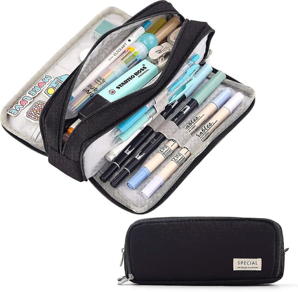 Large Capacity Pencil Case 3 Compartment Pouch Pen Bag For School Teen(black)