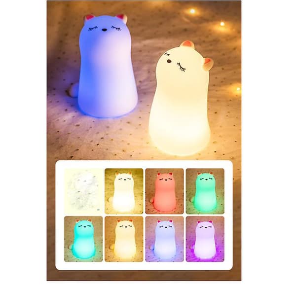 LED Night Light Lamp Colors Cute Silicone Cat Room Nightlights