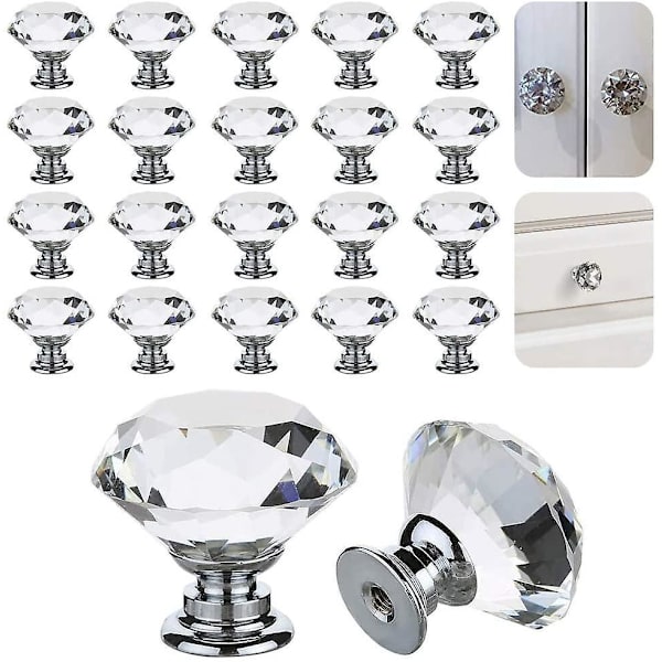 20pcs Crystal Cabinet Knobs 30mm Clear Glass Drawer Knobs Glass Diamond Cut Shape Cupboard Door Handles