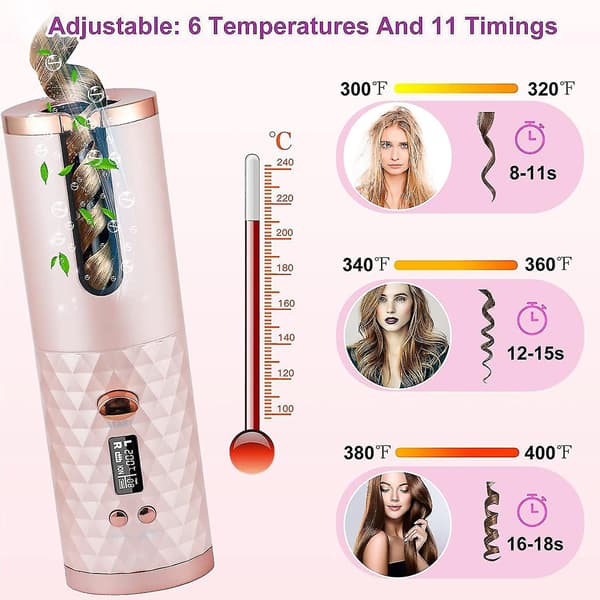 Trådløs Automatisk Hårruller Bærbar Trådløs Krøllejernstav med LCD-display Pink
