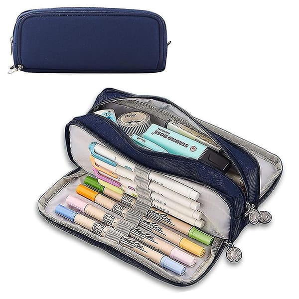 Large Pencil Case, Minimalist Portable Stationery Bag With Handle Blue