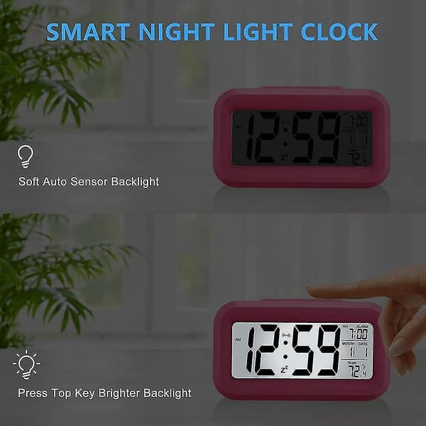 Smart Night Light Digital Alarm Clock With Indoor Temperature, Battery Operated Desk Small Clock Rose Red