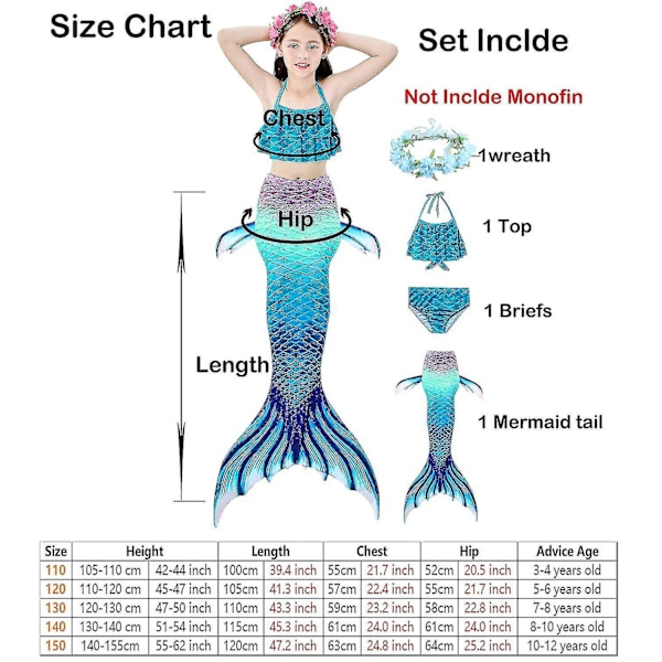 Kids Girls Mermaid Tail Bikini Set Swimwear Swimsuit Swimming Costume Included Garland Headband Color 1 10-11Years