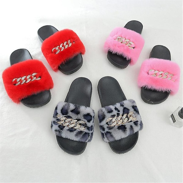 Women's Fluffy Faux Fur Slippers Comfy Open Toe Slides With Fle RED 42