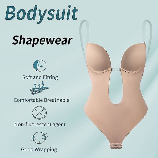 Naisten syvään uurrettu V-aukkoinen vartaloa muotoileva olkaimeton selästä avoin body U-uurre saumaton string-body Beige M(34)