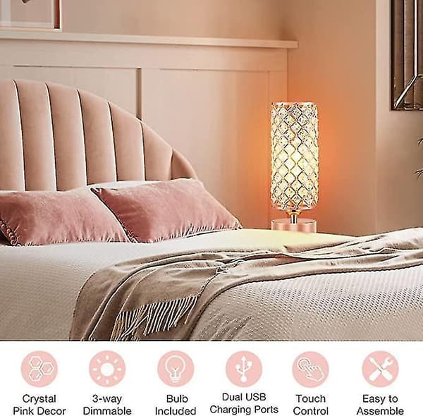 Crystal Lamp Table Lamp With Usb Ports 3 Way Dimmable Light Bedside Lamp Small Touch Light Rose Gold