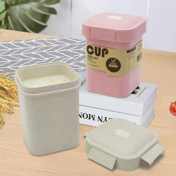 550ml Plastic Straw Square Breakfast Porridge Sealed Soup Cup Container Lunch Box Pink