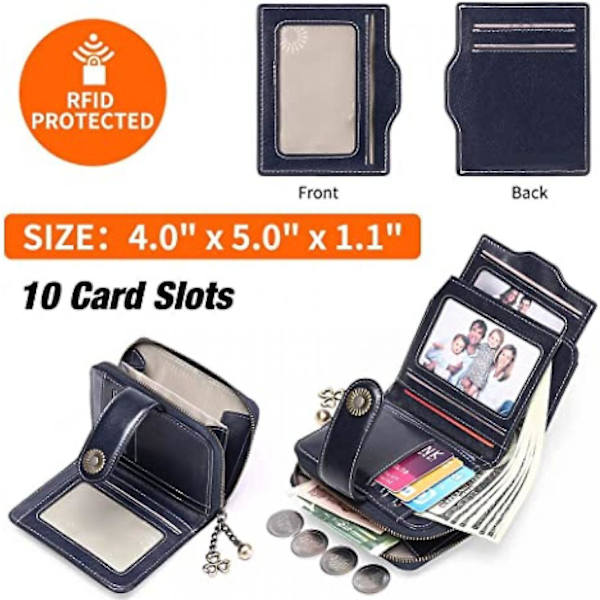 Women's Leather Wallet Small Rfid Blocking Bi-fold Zip Pocket Card Holder With 2 Id Window