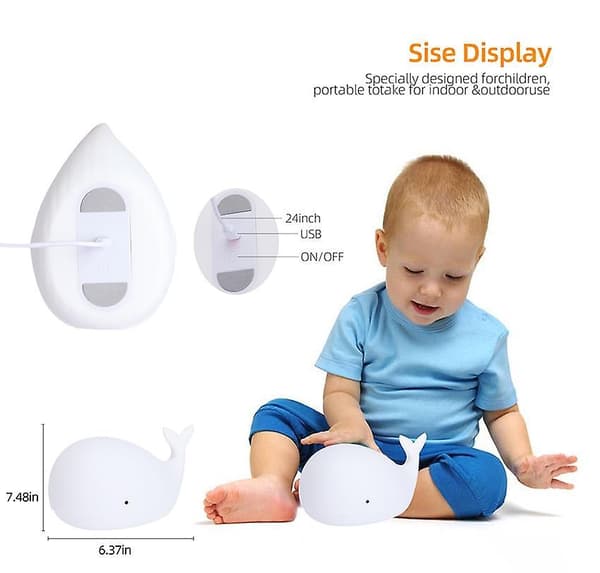 Whale LED Kids Night Light  USB Rechargeable Silicone  Room Lamp