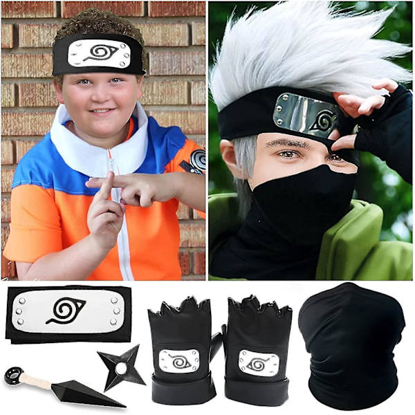 5pcs Naruto Anime Cosplay Costume Kakashi Gloves Kunai Headband Weapon Mask  Set