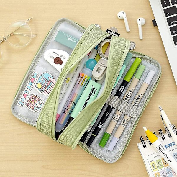 Large Pencil Case Big Capacity 3 Compartments Canvas Pencil Pouch For Students green