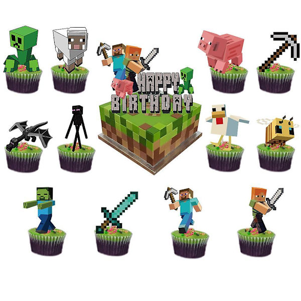 Minecraft Theme Pull Flag Balloon Card Set Pixel Game Birthday Party Decoration