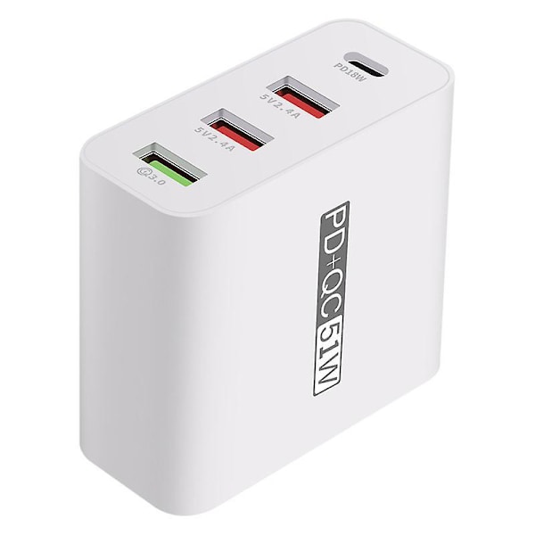 4 Porter Pd+qc3.0 Adapter Usb Utgang Bærbar Hurtiglader 51w Adapter US Plug
