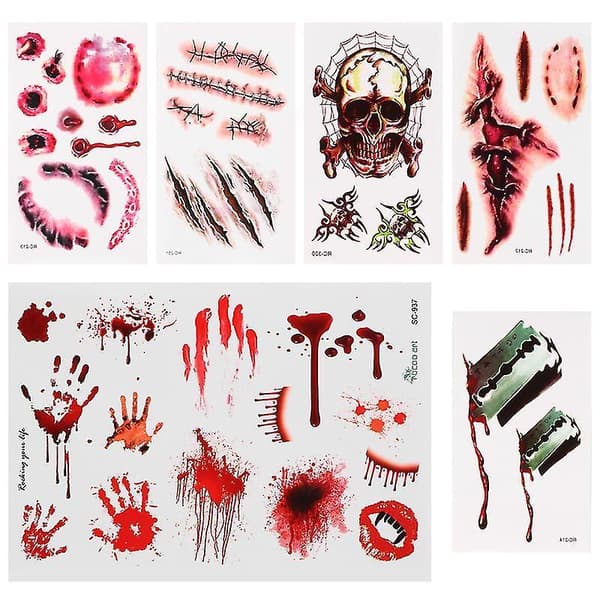 6 Sheets Halloween Temporary Tattoos Bleeding Wound Fake Scars Blood Stickers
